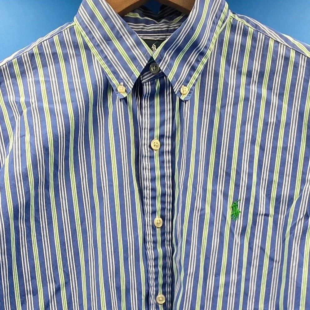 Polo Ralph Lauren Custom Fit Striped Button Down Shirt Men's L‎ Blue Green White